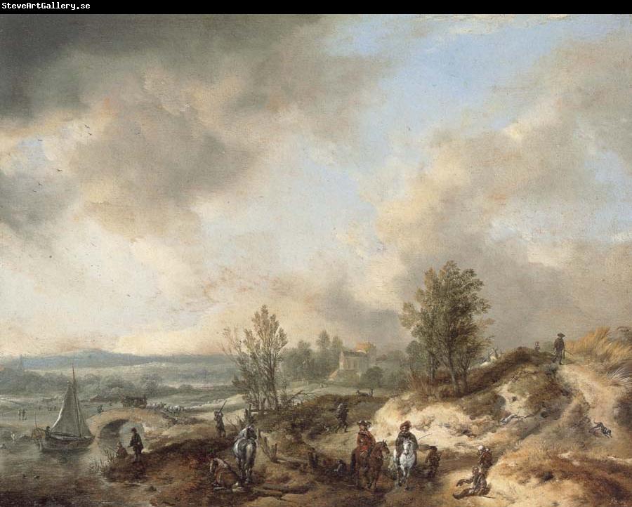 Philips Wouwerman A Dune Landscape with a River and Many Figures